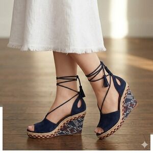 Cabi Isla Espadrille Wedge Sandals Navy Blue Suede Ankle Tie Boho Aztec NWOB 10
